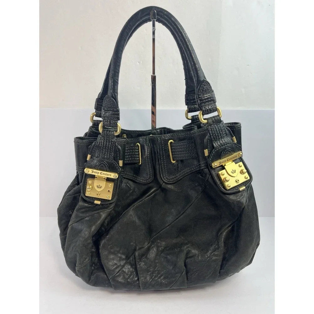 Juicy Couture Vintage Y2K Black Leather Handbag Hobo Purse Gold Hardware Pink